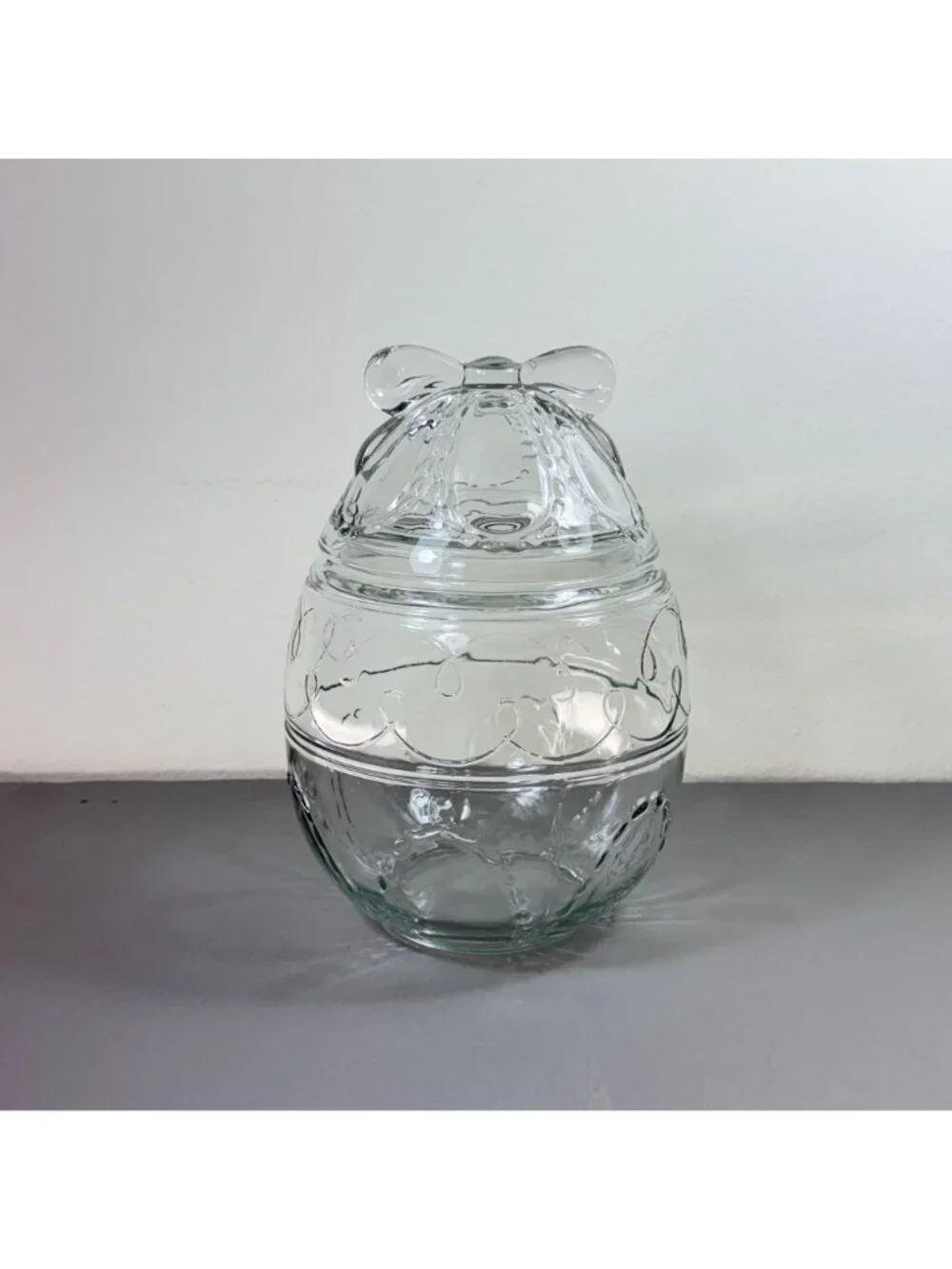 Vintage Clear Glass Easter Egg Candy Jar Container with Bow Lid 8